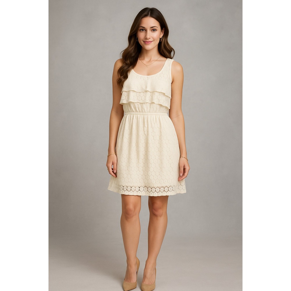 Ultra Pink Dress Women's L Cream Lace Ruffle Sleeveless Lined Boho Bridal Guest